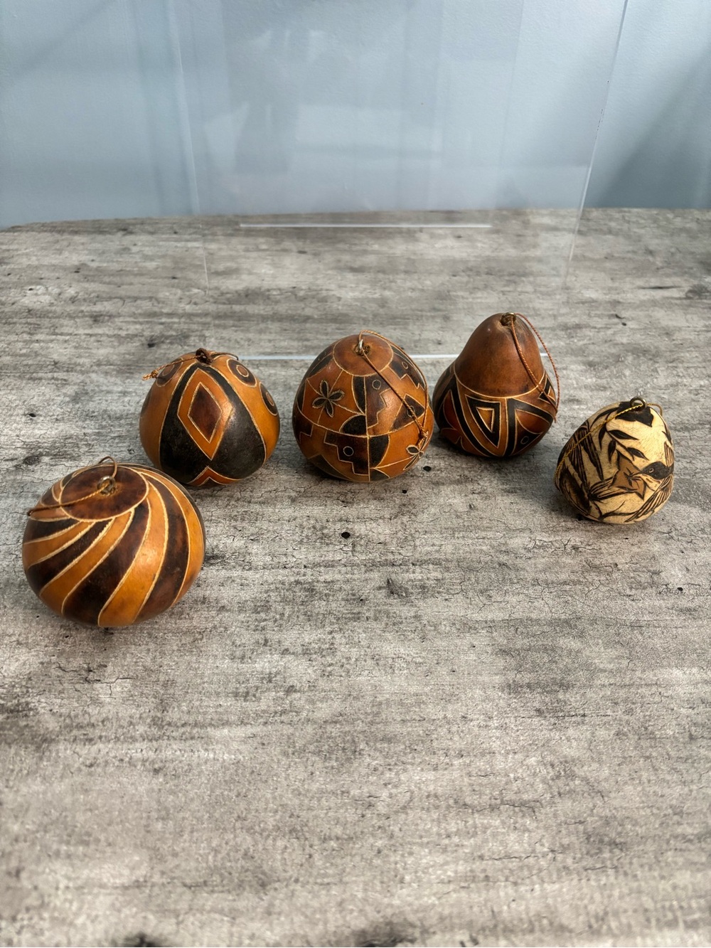 Peruvian Gourd Folk Art Decorative Handmade Carved Burned Ornaments Set Of 5